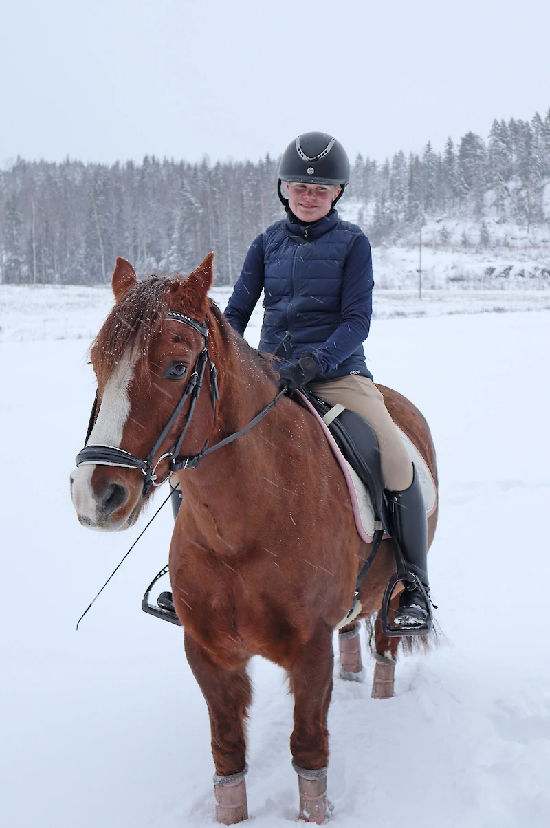 Marialla on kaksi kilpailuponia. Tässä hän ratsastaa Moondelight Ronaldolla eli Rollella.