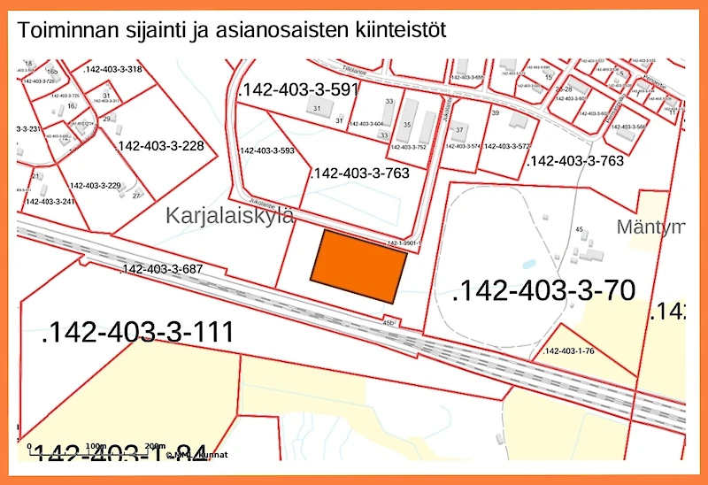 Biohiililaitos on tulossa oranssilla neliöllä merkatulle alueelle. Kuvakaappaus ympäristölupahakemuksesta.