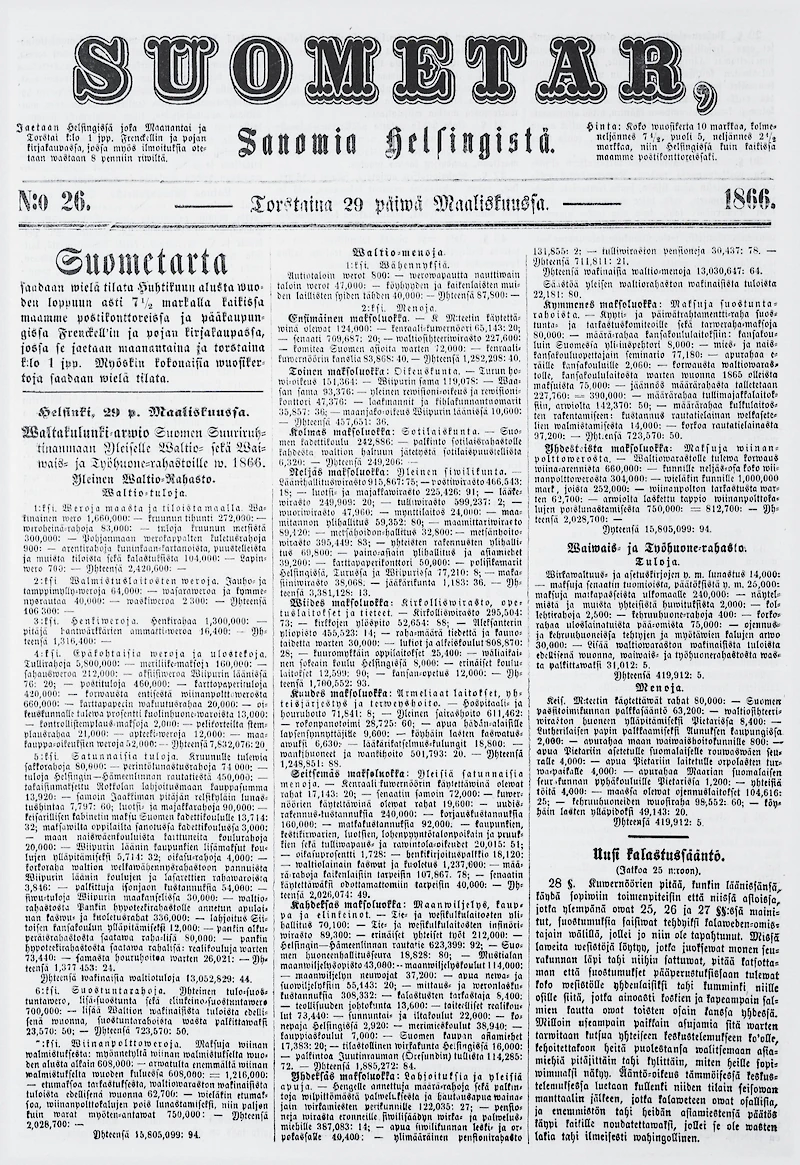 Suometar-lehden etusivu maaliskuussa 1866. Lehdessä oli neljä sivua. Kuvia sanomalehdissä ei tuolloin julkaistu, vaan sivut täytettiin tekstillä. (Kuva: Kansalliskirjaston digitaaliset arkistot.)