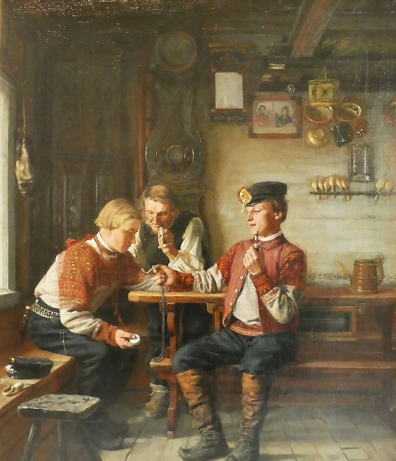 Heinolan taidemuseossa on esillä Arvid Liljelundin näyttely. Kuvassa Kellonvaihto-niminen öljyvärimaalaus vuodelta 1880. (Kuva: Heinolan museot.)
