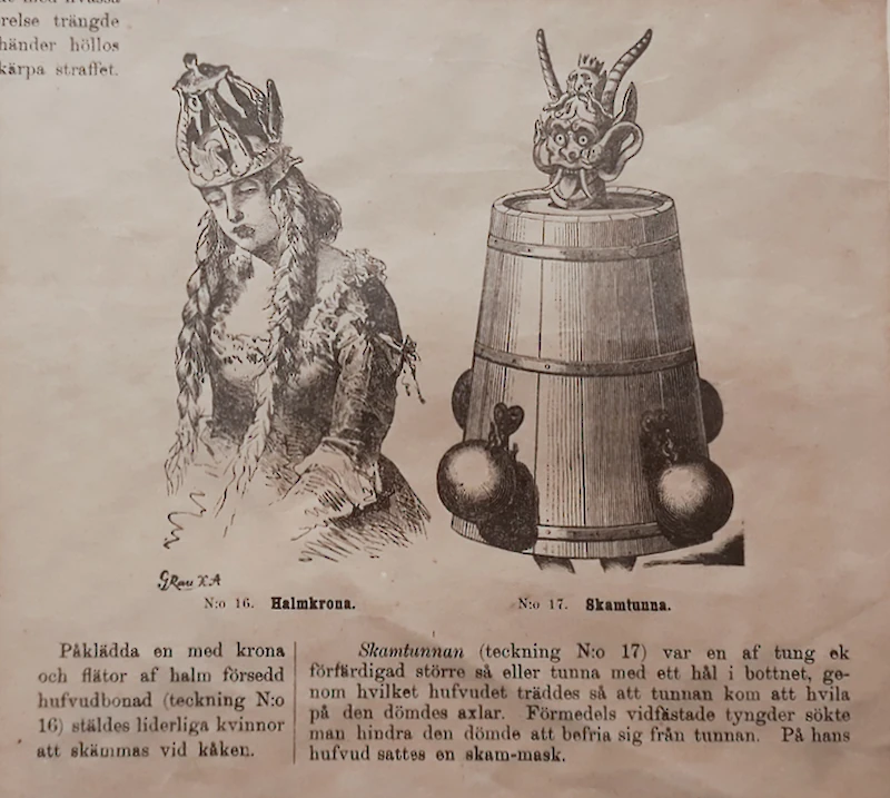 Rangaistusmenetelmätaulussa kuvataan siveellisyysrikkomuksen tehneen naisen häpeärangaistusta. (Kuva: Suomen kansallismuseo.)