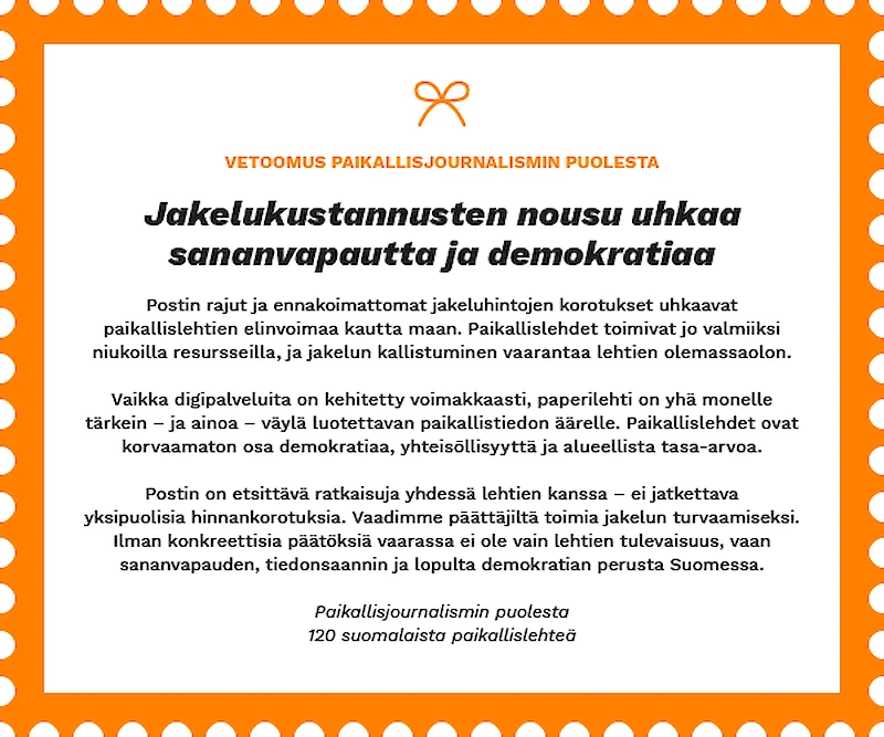 Uutismedian liiton paikallislehdet ja Paikallislehtien päätoimittajayhdistys PPY vaativat päättäjiltä ja viranomaisilta toimia jakelukustannusten kohtuullistamiseksi.