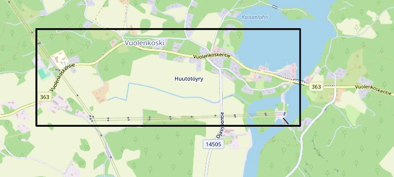 Kartta-alueen kehyksen sisäpuolella oleviin kiinteistöihin on mahdollista saada valokuituyhteys.