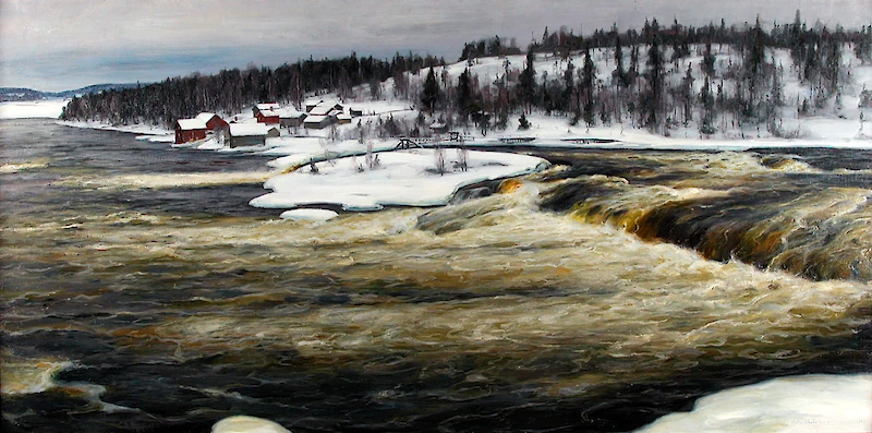 Victor Westerholmin öljyvärimaalaus Voikkaankoski on peräisin vuodelta 1899. Sen omistaa K.H. Renlundin museo - Keski-Pohjanmaan maakuntamuseo. (Kuva: Kymijoki Suomen taiteessa -näyttely, Kuusankoski 2017)