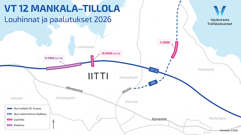 Kausalan ohitustien rakennustyömaalla käynnistyvät louhintatyöt. Tämän vuoden työvaiheet on merkitty karttaan. (Kuva: Väylävirasto)