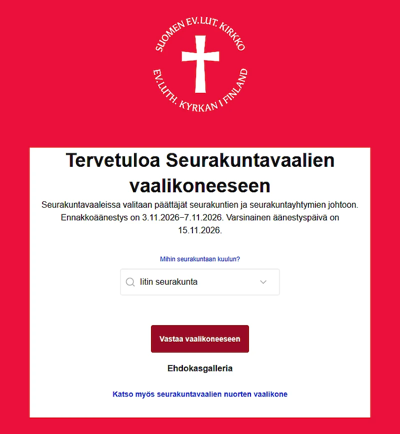 Valtakunnallisessa seurakuntavaalien vaalikoneessa voi tutkia Iitin seurakunnan ehdokkaiden mielipiteitä. (Kuva: näyttökuva sivustolla evl.fi)