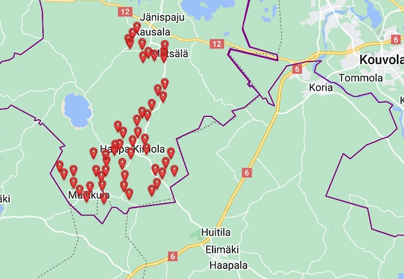 KSS Energian häiriökartta klo 13.45.