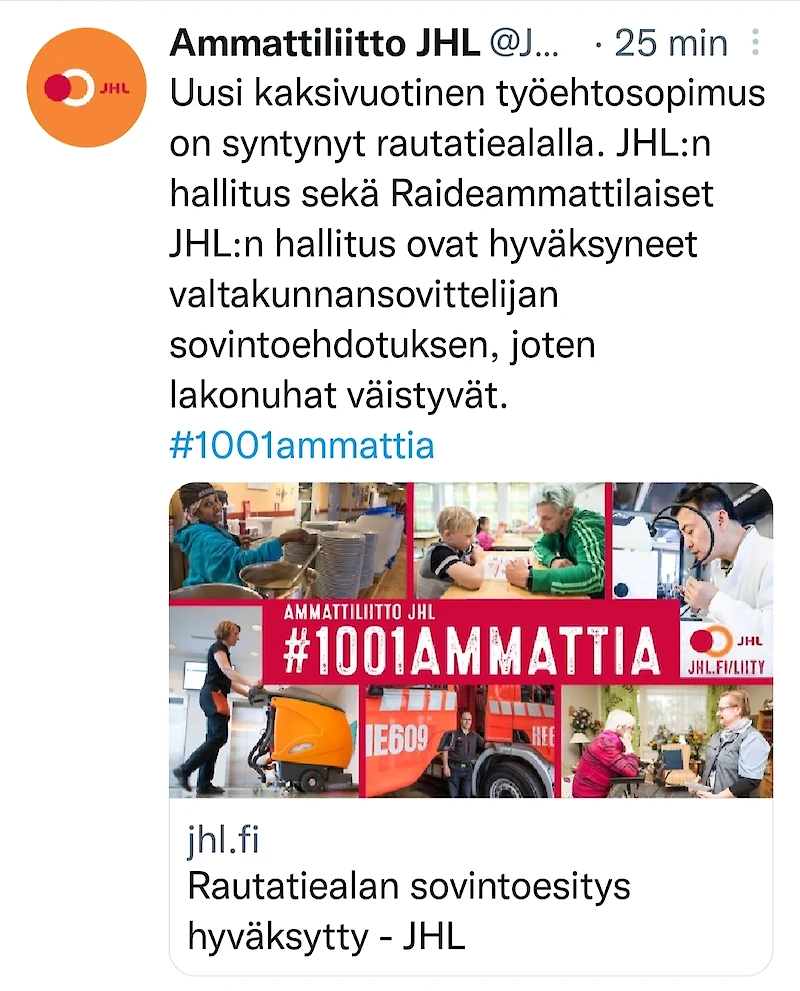 JHL tiedotti asiasta Twitterissä.