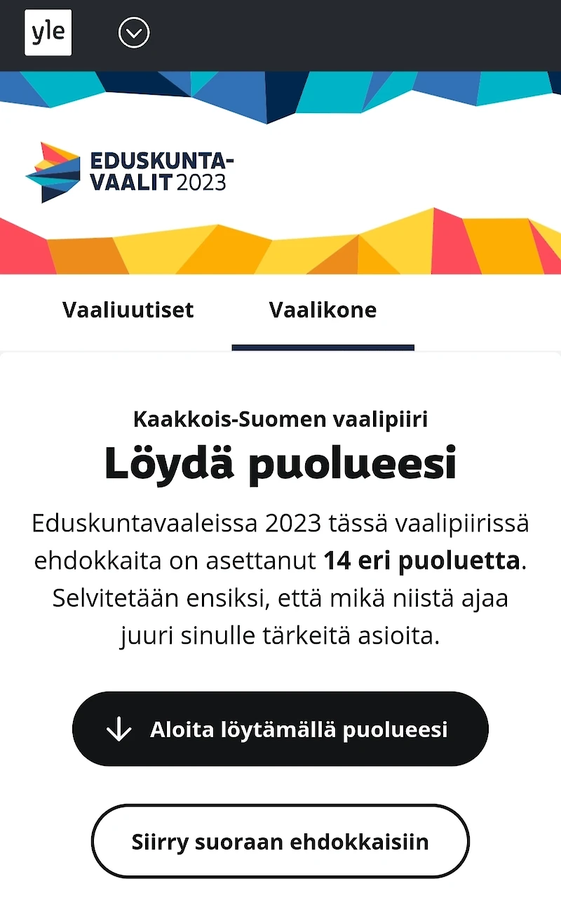 Ylen vaalikoneen hakutoiminto eli vielä maakunnan vaihtumista edeltäneessä ajassa ja tarjosi Iitin kotikunnakseen valinneelle äänestäjälle Kaakkois-Suomen vaalipiirin ehdokkaita ja kysymyksiä. Virhe korjattiin, kun siitä huomautettiin Ylelle. Kuvakaappaus vaalikoneesta.