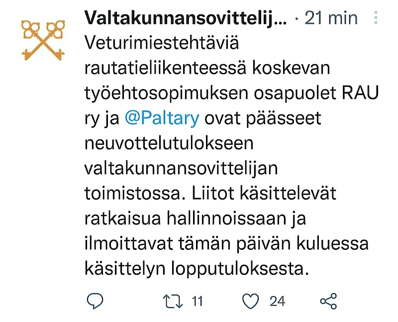 Valtakunnansovittelijan toimisto kertoo asiasta Twitterissä.