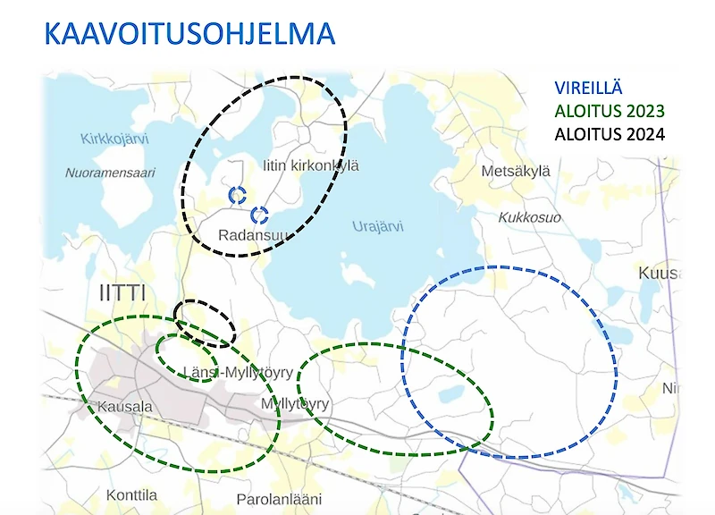 Kaavoitusohjelman keskeiset alueet on ympyröity karttaan. (Kuva: Iitin kunta.)