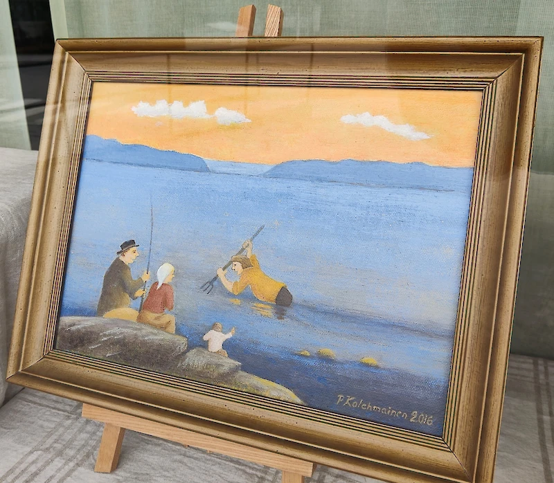Pentti Kolehmaisen naivistinen maalaus vuodelta 2016 on esillä Taidekulman ikkunanäyttelyssä.
