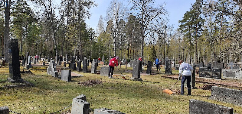 Ylähautausmaan kevätsiivous aloitettiin haravointitalkoilla. (Kuva: Marja Arola.)