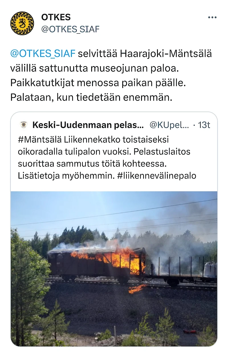 Onnettomuustutkintakeskus tiedotti asiasta Twitterissä. Palon sammutti Keski-Uudenmaan pelastuslaitos.