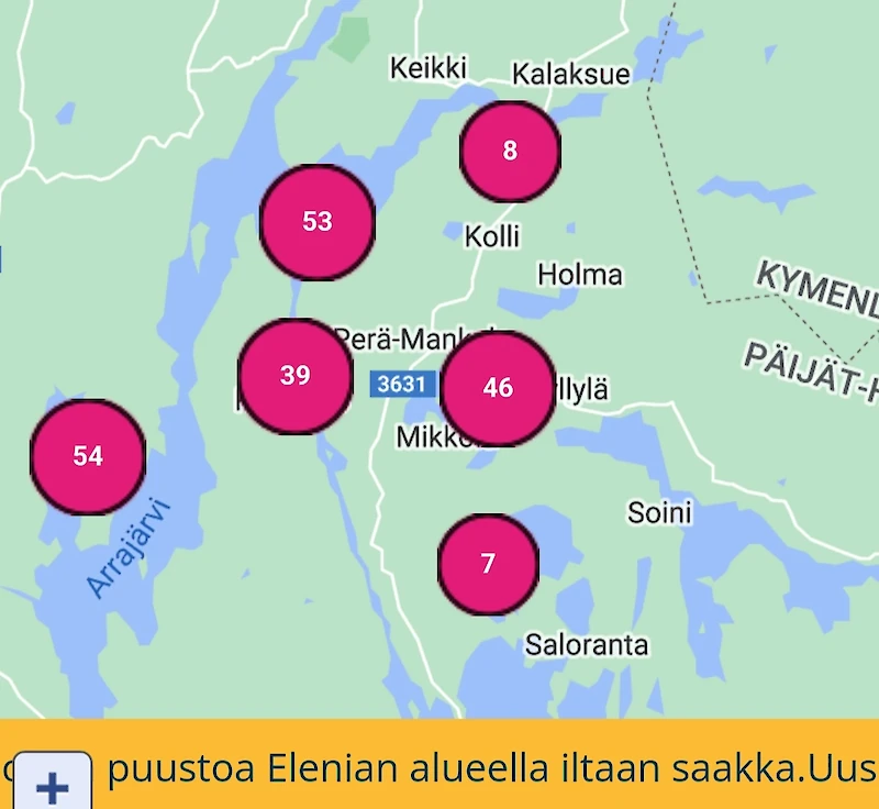 Kuvakaappaus Elenian häiriökartasta yhdeltä iltapäivällä.