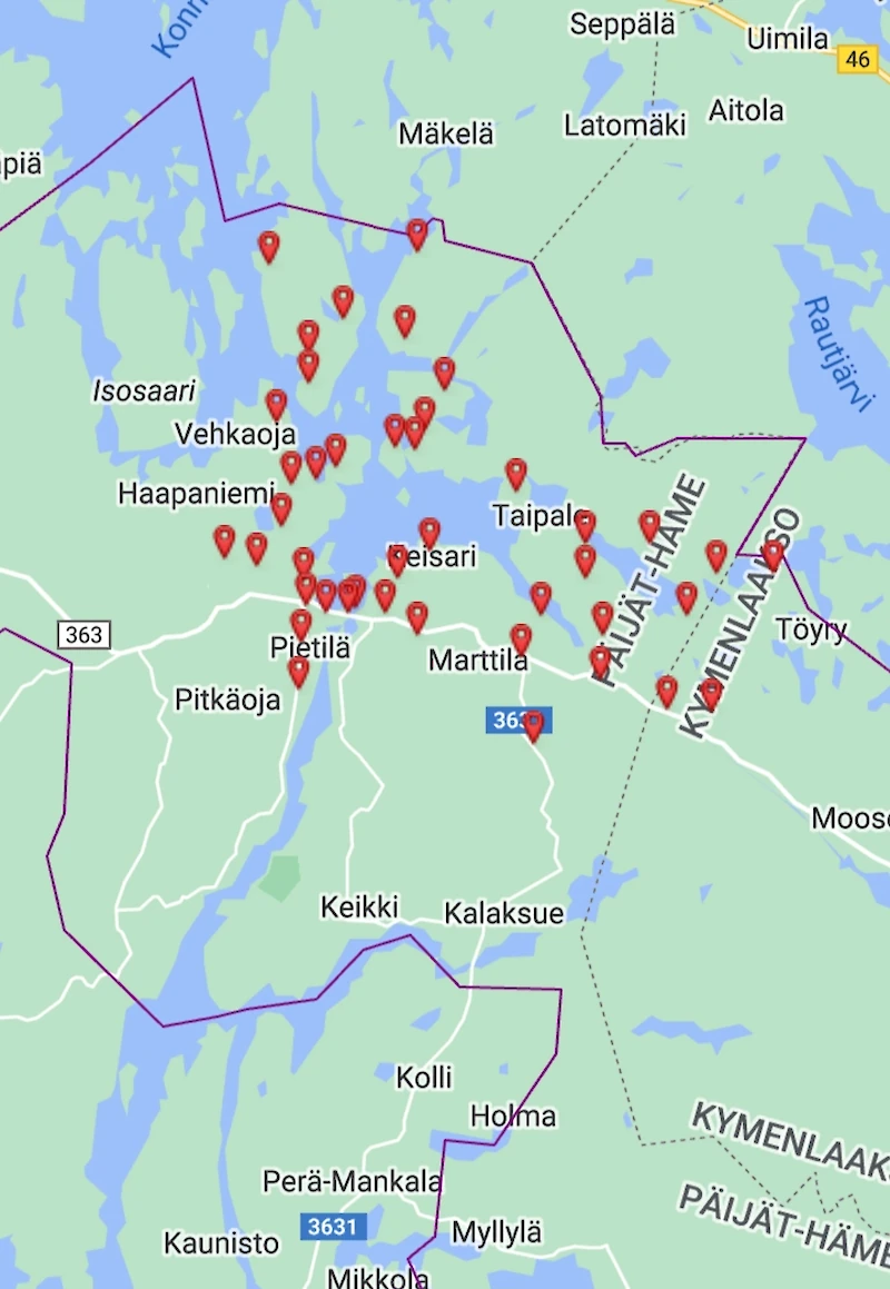 Pohjois-Iitissä on satoja talouksia ilman sähköä. Kuvakaappaus KSS:n häiriökartasta.